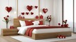 © lililia - This Valentine's bedroom has red and white decor, heart balloons, flowers, and gift boxes for a romantic vibe