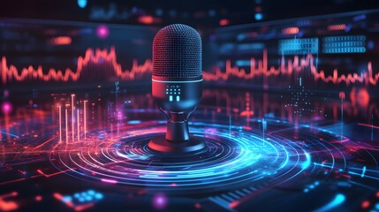 Wall Mural - digital mic stands on neon circular platform