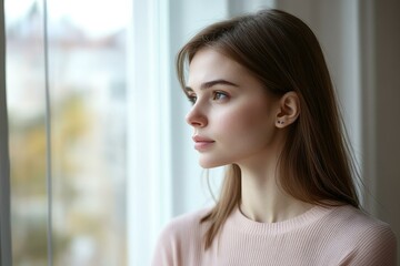 Wall Mural - Young Woman Looking Through a Window