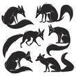 © Meowcher24 - Big collection of vector black and white fox silhouette drawn in cartoon style illustration. Isolated on white background clip art object. Set of sitting, jumping, hunting foxes with beatiful tails.