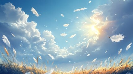 Poster - Feathers Floating in a Sunny Sky