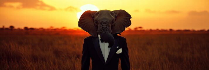 Aufkleber - Elegant elephant in tuxedo during sunset in savanna landscape. Generative AI