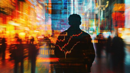 Leinwandbilder - Traders figure merges with dynamic market trends and financial data in a busy trading floor setting