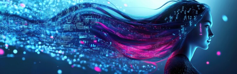 Poster - Surreal depiction of a woman's profile with glowing holographic displays and luminous binary codes flowing in her hair