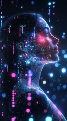 Poster - Mystical woman’s profile filled with glowing holograms and data streams exuding technological elegance