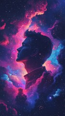Poster - Mystical man's profile glows with vibrant cosmic clouds and swirling galaxies in a surreal depiction of the universe