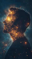 Poster - Cosmic silhouette of a man illuminated by radiant starlight and celestial symbols reflecting infinite possibilities