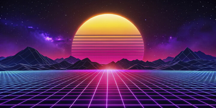 vibrant retro 1980s neon grid landscape with glowing sunset