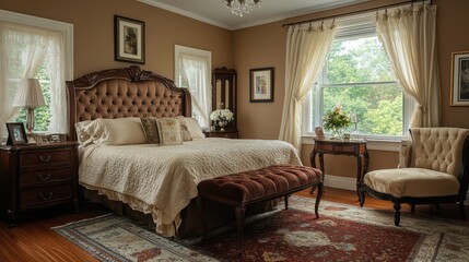 Aufkleber - Elegant bedroom with tufted headboard and luxurious silk bedding in a serene setting