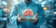 © Pixelbiz - Food safety inspection health concept. A scientist in a lab holds a holographic image of a complex cellular structure, representing advancements in biotechnology and research.