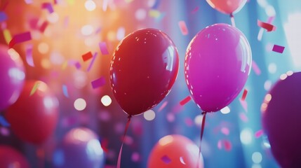 Poster - Festive balloons and colorful confetti create a vibrant party atmosphere perfect for celebrations and joyful gatherings. Generative AI