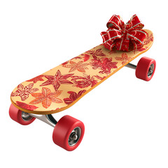 Elegant wooden skateboard adorned with a large decorative bow. A unique and creative gift idea. Isolated on a transparent background.