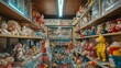 © STwul - A crowded antique toy shop filled with vintage collectibles, showcasing a vast collection of nostalgic playthings on wooden shelves.