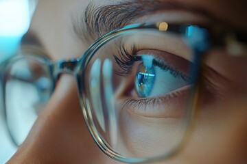 Aufkleber - Close up view of a clear blue eye behind vision correction glasses highlighting perfect detail and light reflections. Generative AI