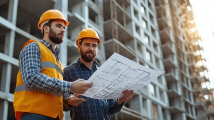 A modern banner layout background shows a young foreman working with a professional architect to discuss repair plans or apartment design.
