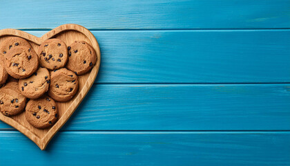 Wall Mural - Heart-shaped wooden board with chocolate chip cookies on blue wood surface. Tasty food. Sweet treat.