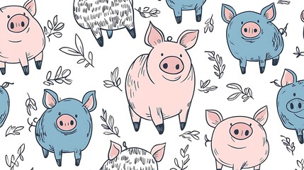 Canvas Print - Seamless pattern with cute cartoon pigs and leaves.