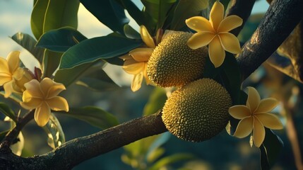 Wall Mural - Tropical Tree Branch with Flowers and Fruit