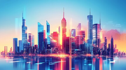 Canvas Print - Vibrant futuristic cityscape skyline reflecting on water at sunrise.