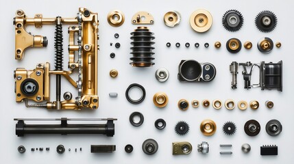 Sticker - Flatlay of disassembled gold and black mechanical parts on white background.