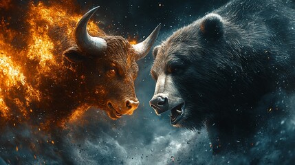 fiery bull and bear facing off in dramatic conflict.
