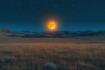 Wall Mural - ethereal night sky photography with luminous full moon behind wispy clouds and twinkling stars in da