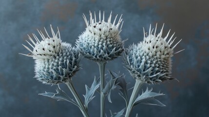 Wall Mural - Three Blue Thistle Flowers on a Blue Background