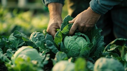 Poster - Hands Picking Cabbage in a Field of Greens