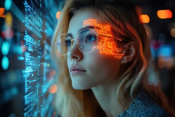 female software developer working with holographic interface displaying ai code and cybersecurity da