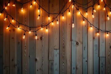 Wall Mural - Decorative Edison String Lights with Warm Glow Against Rustic Wood Planks for Cozy Ambient Lighting