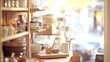 © Hamzah - Sunlit Kitchen: Wooden Shelves Displaying Rustic Pottery and Glassware