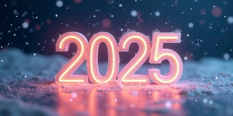 Wall Mural - glowing 2025 neon sign in winter snow