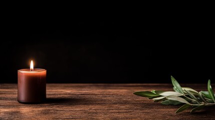 Poster - A lit candle rests on a rustic wooden table, complemented by an olive branch. The dark background enhances the warm glow, creating a serene atmosphere for Christmas