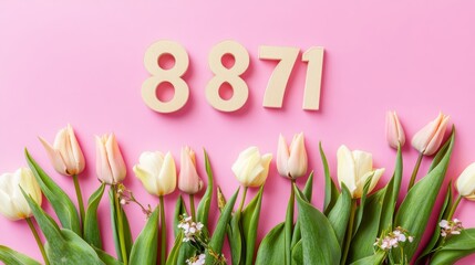 Wall Mural - Number 8 with fresh spring tulips  on pink background. Minimal Women's day, March 8th or birthday concept. Flat lay, top view.