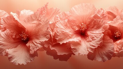 Sticker - Coral hibiscus flowers arranged in a row on a peach background.