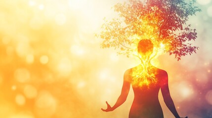 Woman silhouette with tree growing from head, glowing body, sunlit background.