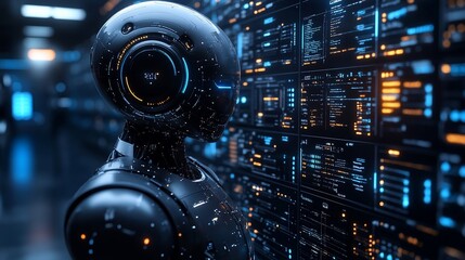 Futuristic robot analyzing data on a large screen.