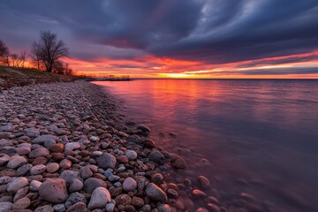 Poster - Dark clouds swirl overhead while vibrant hues of red and orange reflect off calm waters at sunset, creating a dramatic and moody atmosphere along the shore