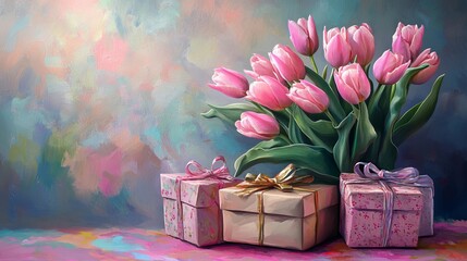 Wall Mural - Beautiful pink tulips and craft gift on colored background 