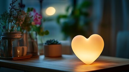 Canvas Print - Glowing heart-shaped night light on wooden table with flowers and plants.