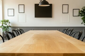 Poster - Spacious Scandinavian dining room features a wooden table and chic chairs, illuminated by a striking pendant light, with a clean and calm aesthetic