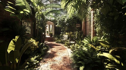 Canvas Print - Sunlit brick path winds through lush tropical garden, past buildings.