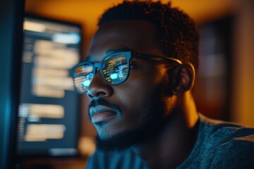 Young programmer in glasses focused on computer screen with code reflecting in lenses during late night work session
