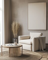 Modern Living Room with Beige Armchair and Mockup Poster on Wall. Home Decor and Interior Design Concept. 3D Render.