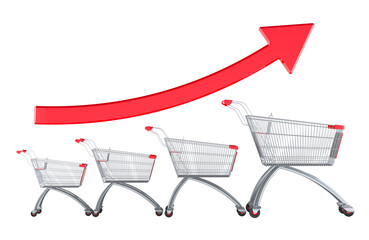 Wall Mural - Shopping carts with growing up arrow. 3D rendering isolated on transparent background