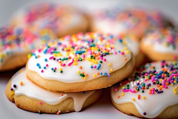 Wall Mural - Vibrant Rainbow Sprinkle-Topped Sugar Cookies with a Base of Sweet White Frosting