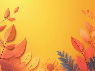 Wall Mural - Autumn Leaves and Flower Design on Yellow Background