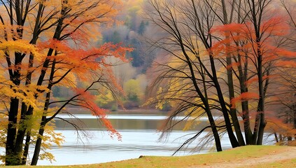 Wall Mural - Autumnal lake view with colorful trees.