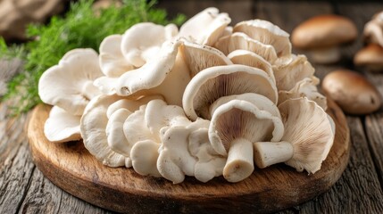 Poster - A Cluster of Oyster Mushrooms on a Rustic Wooden Board