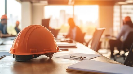 Aufkleber - Orange hard hat rests on a conference table; blurred background shows a team meeting in a modern office.